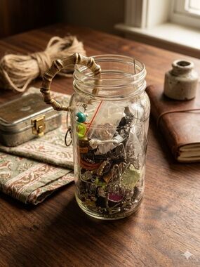 Jar full of crafting jewelry. Vintage to modern.